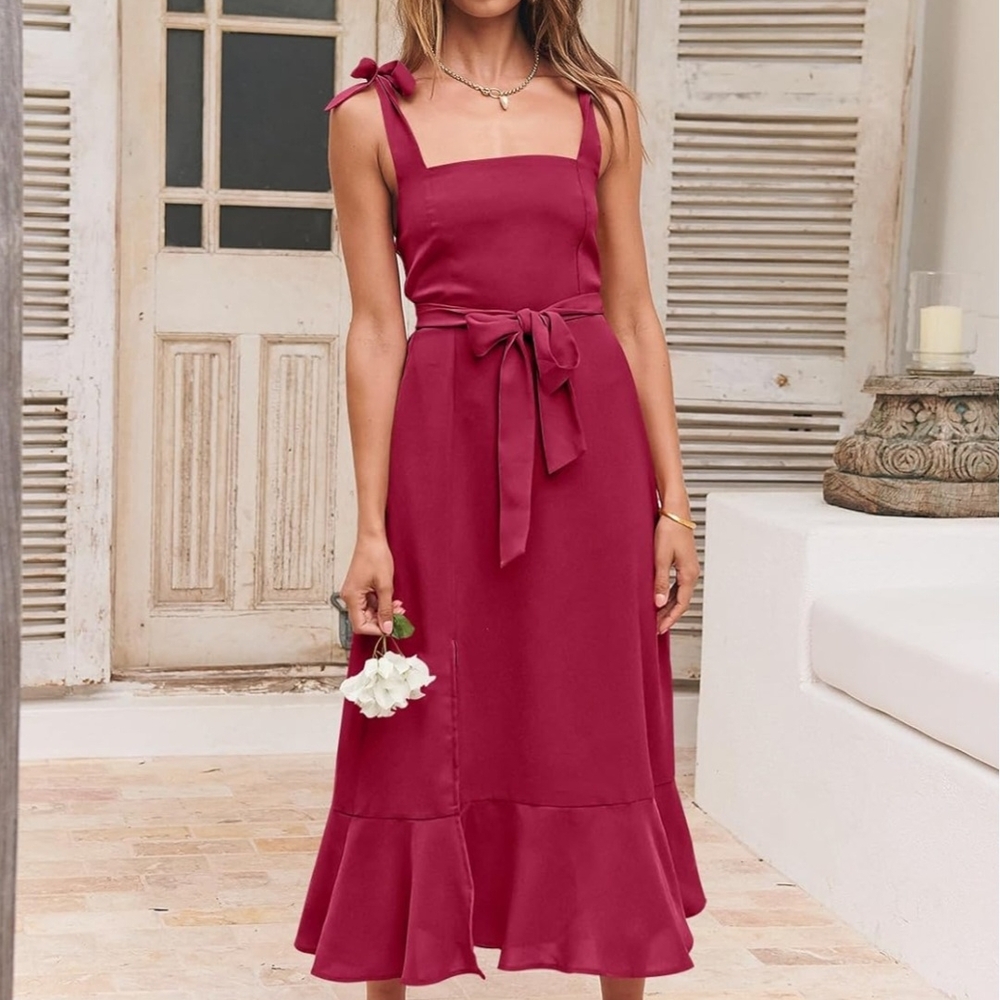 Chic Burgundy Midi Dress with Bow Detail